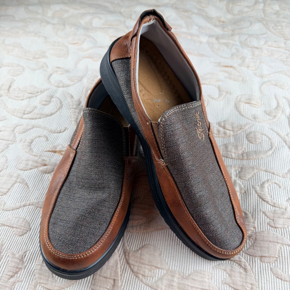 Sport Mens Slip On Loafers Casual Walking Shoes Brown Faux Leather Fabric Mix 9M
